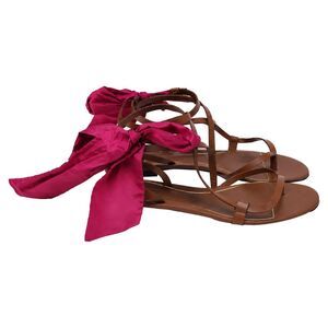 Valentino Garavani Ribbon Strappy Flat Sandals in Brown Leather
